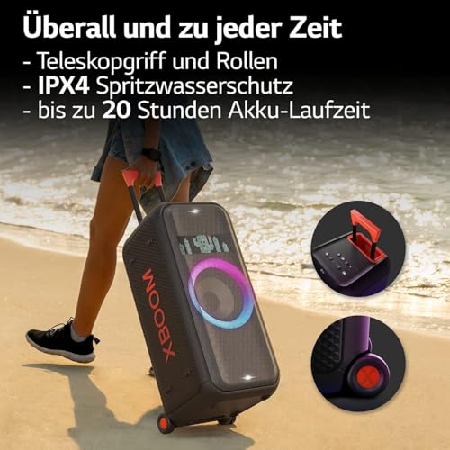 LG xboom DXL7T, rollbarer Bluetooth-Lautsprecher (250 W, Karaoke- & DJ-Funktionen, Beleuchtung), Schwarz [Modelljahr 2024]
