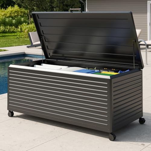 MIRADOR 281 Gallon Outdoor Storage Box with Wheels & Soft-Close Lid Waterproof Metal Deck Box for Patio Cushions Garden Tools & Pool Accessories Charcoal