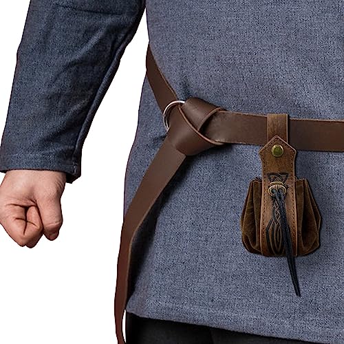 Medieval Faux Leather Pouch,Viking Belt Pouch,Retro Nordic Fanny Pack,Portable Drawstring Purse,Dice Bag for Hiking Archery LARP Renaissance Faire Costume (Brown C) - Image 3