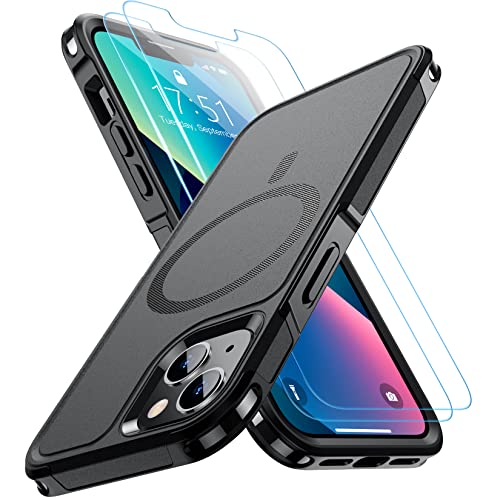 Spidercase Designed For Iphone 13 Case, With [2 Pcs Tempered Glass Screen Protector] Compatible With Magsafe Shockproof Anti-Drop Military Protective Cover For Iphone 13 6.1 Inch (Black) #TOP7