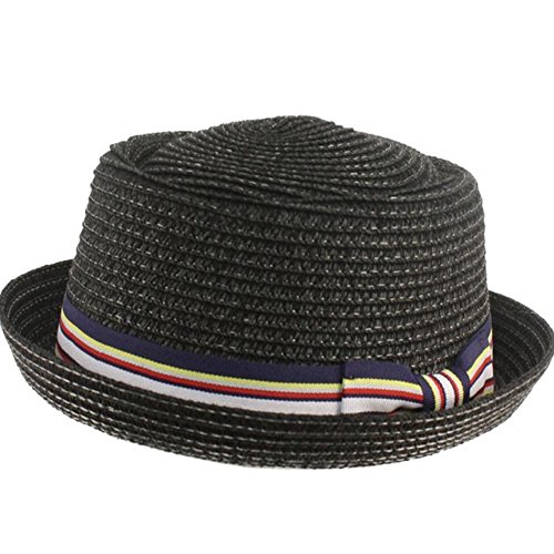 Men's Fancy Summer Straw Pork Pie Derby Fedora Upturn Brim Hat (Small-Medium, Black), Black, S-M