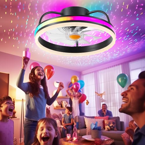 Image of Ceiling Fan-Low Profile Ceiling Fan with Light - Modern Flush Mount Ceiling Fan ,16 inch RGB Dimmable LED Enclosed Ceiling Fans,Modern Bladeless LED-RGB Ambient Light for Bedroom Kids Room Party(Black)