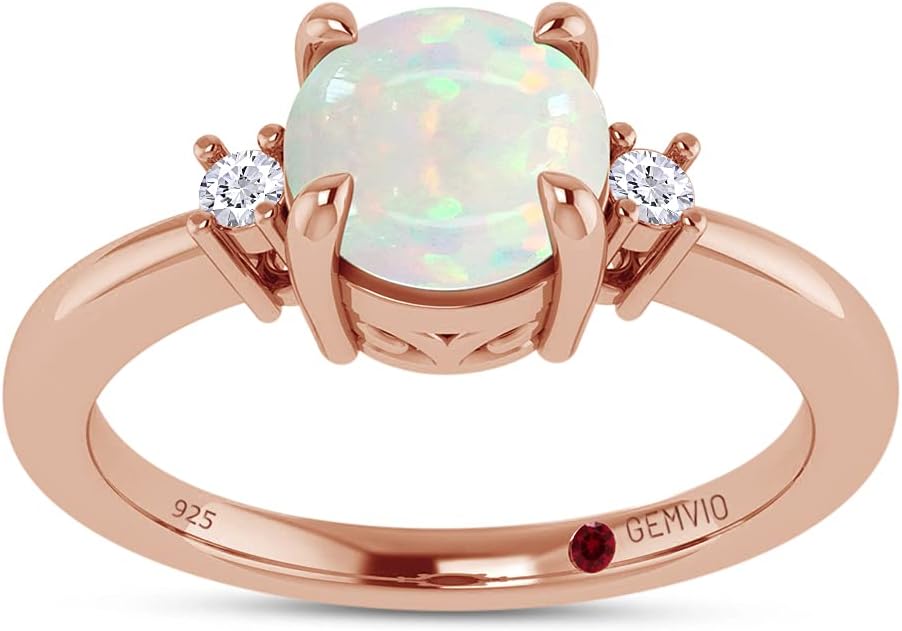 Round 6MM Natural White Opal Gemstone & Diamond Accent Solitaire Ring In 14K Gold Over Sterling Silver Engagement Anniversary Ring For Womens (0.70Cttw) Valentine's Day Gift For Her