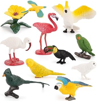 10 Pcs Realistic Bird Animals Figurines Model, Miniature Birds Figure Cake Cupcake Topper, Parakeet, Quetzal, Macaw, Hummingbird, Toucan, Cockatoo, Flamingo, Snowy Owl, Parrot Figure Birthday Gift
