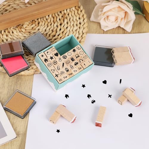 Koqye Alphabet Stamps Set - 42Pcs Wooden Letter Stamps with Ink Pad for Crafting, Decorative Rubber Stamps Kit with Storage Box DIY Card Making Supplies (Daily Stamps)