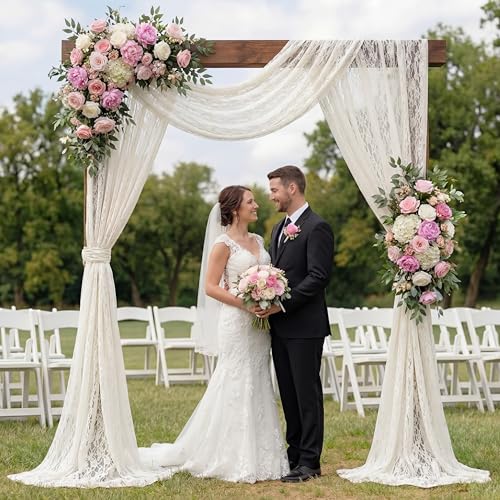 Image of HunnmingRe Wedding Arch Draping Fabric Summer 2 Panel 30 inch X18ft Lace Wedding Arch Drapery Embroidered Boho Rustic Backdrop Vintage Decor for Bridal Shower Church Ceremony Decoration(Ivory White)
