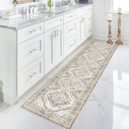 KUTA Oriental Kitchen Runner Rug, 2x8 Vintage Washable Hallway Rugs Ivory Grey Yellow Non-Slip Ultra Soft Printed Distressed Tribal Boho Floor Carpet Runners for Bedroom Living Room Nursery