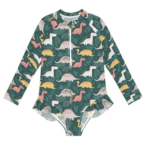 Cute Dinosaur Girls Long Sleeve Rashguard Swimsuit UV Protection One-Piece Swimwear Bathing Suit B0404082