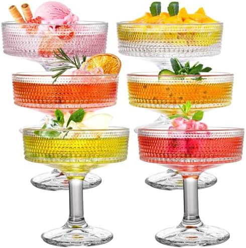 ZOOFOX Set of 6 Coupe Glasses, 7 oz Vintage Cocktail Coupe Glasses Set, Crystal Martini Glasses with Stem, Embossed Bar Drinking Glasses Set for Espresso Martini, Cosmopolitan, Manhattan, Gimlet