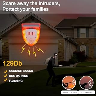 QXMH Solar Outdoor Motion Sensor Alarm: 129db Dog Barking & Gunshot Sound,Loud Motion Detector Noise Maker,Barking Dog Alarm Strobe Light Warning Lamp (911V 1 Pack)