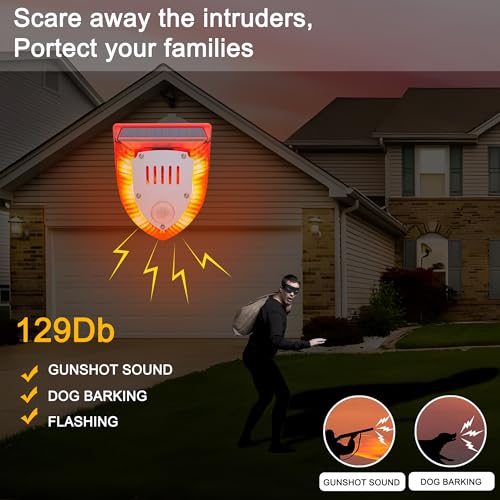 QXMH Solar Outdoor Motion Sensor Alarm: 129db Dog Barking & Gunshot Sound,Loud Motion Detector Noise Maker,Barking Dog Alarm Strobe Light Warning Lamp (911V 1 Pack) by QXMH - Used condition - Image 3
