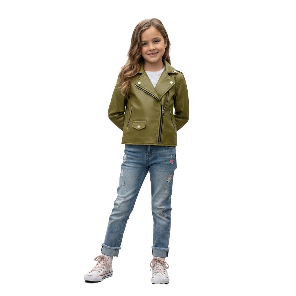 A2z 4 Kids Girls Olive Pu Leather Jacket Thick Collar Biker Zipper Coat - Pu Leather Jacket 460 11-12.
