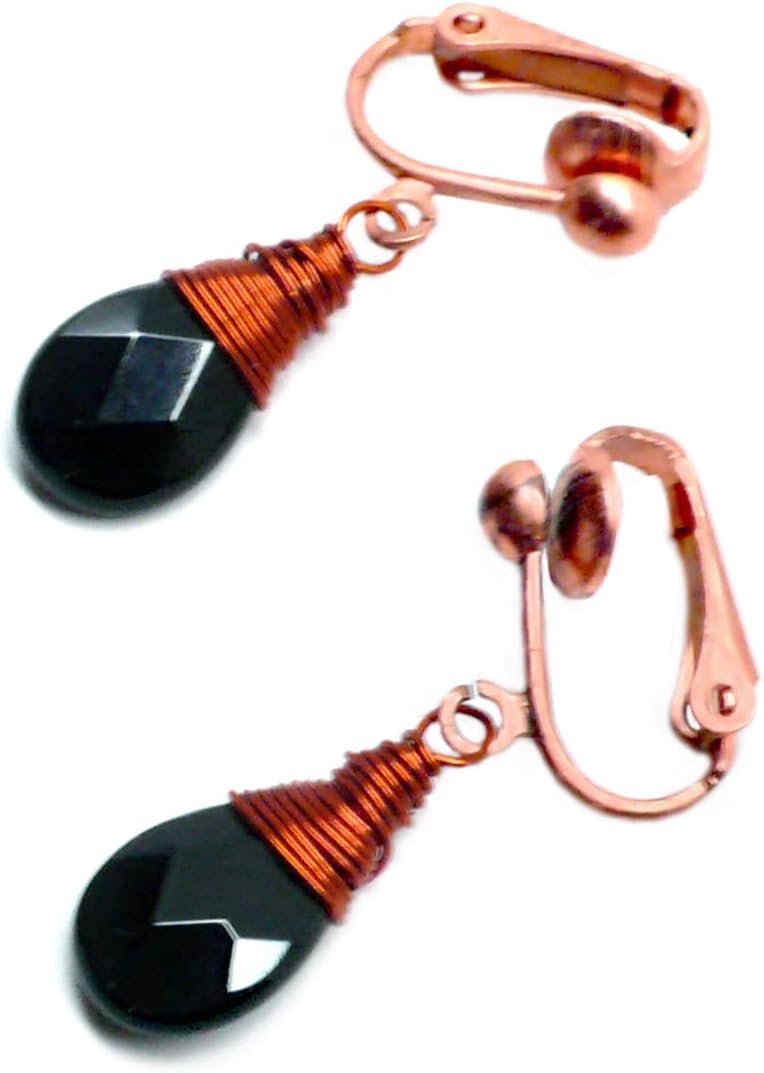 Black Agate Briolette Wire-Wrapped Copper Steel Brass Non Pierced Clip On Earrings