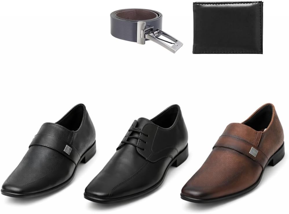 Kit Masculino com 3 Sapatos Sociais, Cinto Reversível e Carteira Preto e Marrom