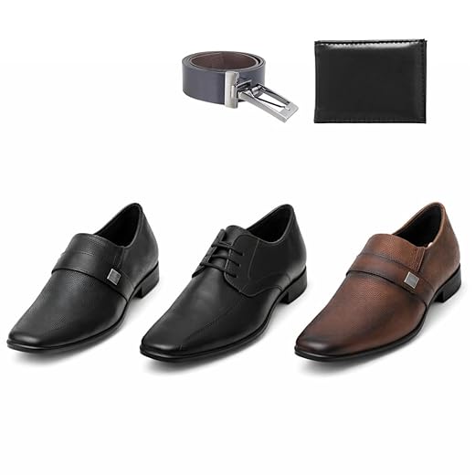 Kit Masculino com 3 Sapatos Sociais, Cinto Reversível e Carteira Preto e Marrom