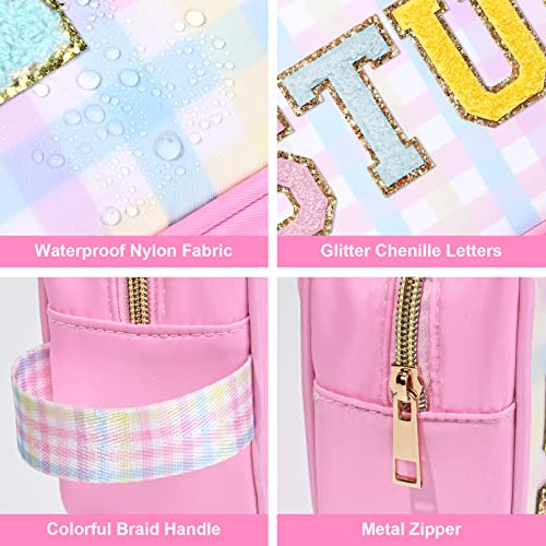 Soidram Makeup Bag Large Stuff Cosmetic Bag Preppy Travel Nylon Stoney Clover Dupes Letter Patches Cute Makeup Bag Organizer Toiletry Bag Box Rainbow Pink Makeup Brushes Storage Bag For Women #TOP2