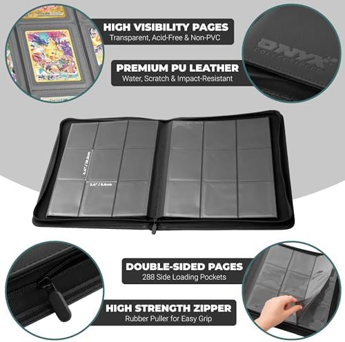 Onyx Toploader Binder 9-Pocket 288 Toploaders - 16 Ringless Double Sided Pages for Cards in 3" x 4" Top Loaders - 9 Pocket Side Loading Pages for Trading or Sports Card Storage - Zipper (Black) - 1