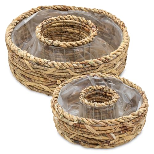 Lot de 2 anneaux de plantation en jacinthe d'eau avec film plastique - 36/30 cm - En fibre naturelle - Jardinière à planter directement - Décoration de jardin - Pot de fleurs - Panier à plantes