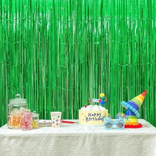 Image of 4 Pack Green Foil Fringe Curtains, 13.2x6.6ft Jungle Theme Streamers Backdrop for Birthday, St Patrick's Day, Christmas, Dinosaur, Animal, Football Themed Party| Green Streamers Party Decorations