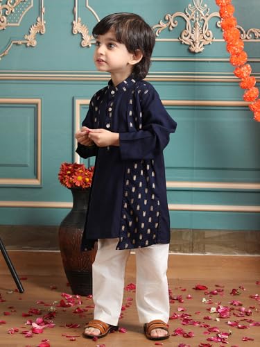 Image of POLKA TOTS Boys Cotton Ethnic Kurta Pajama Set with Attached Koti | Ethnic Motif Wear Kids Kurta Pyjama for Boys & Toddlers | Traditional Dress for Weddings & Festivals | Festive Jubba Set for Babies