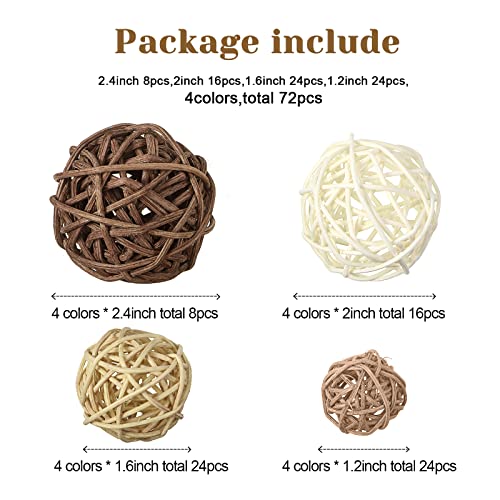 72 Pcs Wicker Rattan Balls Decorative Balls Centerpiece Bowls Orbs Vase Fillers For Spring Summer Craft, Wedding Party, Potpourri Decoration, 4 Sizes (White, Wood, Camel, Coffee) #TOP1