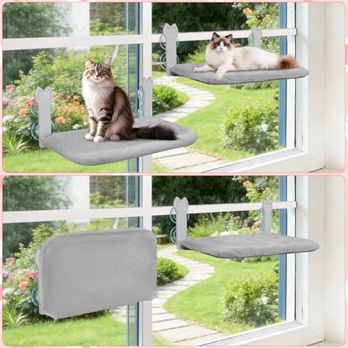 2 Pack Cat Window Perch,Cat Window Hammock Cordless Foldable Window Bed with 4 Large Strong Suction Cup,Reversible Cushion Cover,Metal Frame Easy to Adjust Window Seat Holds up to 40lbs(Gray) by Turbosus - Image 8