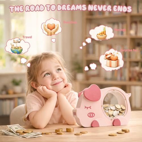 Image of Personalized Piggy Bank for Kids, Cute Money Bank for Girls, Clear Coin Bank with Plug, Wood Kids Bank Toy Unbreakable Money Box, Gift for Children Birthday Christmas and Decor