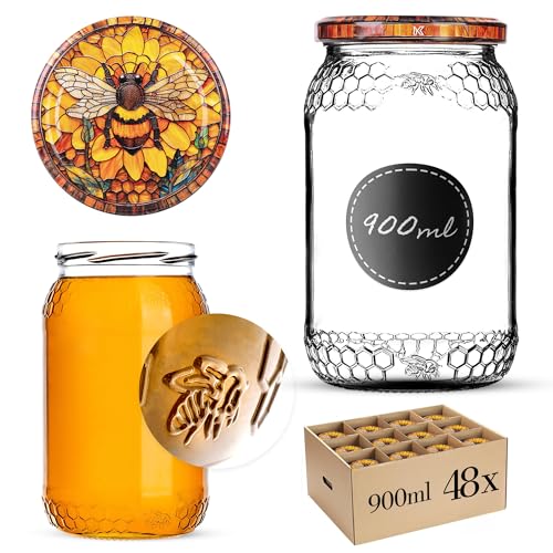 KADAX Tarros de miel de 900 ml, con tapa de rosca fi82 mm, tarros para miel, tarros de mermelada, tarros de rosca (abeja amarilla, 48 unidades)