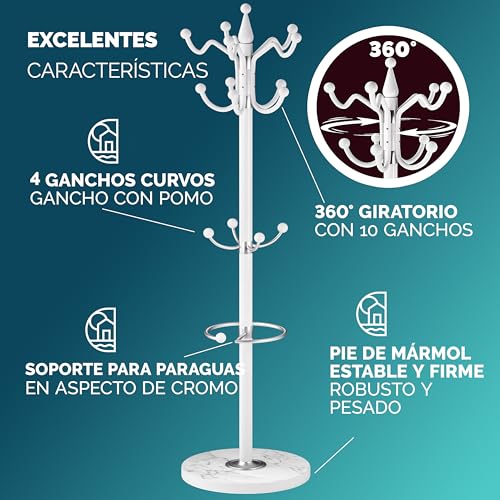 Miniatura 6 de Casaria Perchero De Pie, Forma De Árbol, 14 Ganchos, Base Mármol, Para Pasillo Recibidor Entrada, Colgador Chaquetas Sombreros Ropa Resistente Bolsos 175x37cm