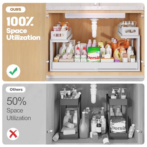 Image of 1 Pack-19 inch-32 inchW Expandable Under Sink Organizer With Upgrade Ball-Bearing Slide,2-Tier Pull Out Under Cabinet Organizer Height Adjustable,Not Suitable For Cabinets With Partitions In The Middle