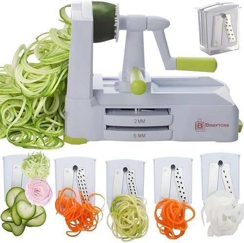 Brieftons 5-Blade Vegetable Spiralizer: Strongest-Heaviest Spiral Slicer, Best Veggie Pasta Spaghetti Maker for Low Carb/Paleo/Gluten-Free/Vegan Meals, With Extra Blade Caddy, 4 Recipe Ebooks