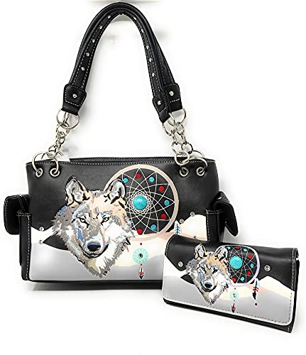 Western Wolf Dream Catcher Embroidery Feather Conceal Carry Women Handbag Purse in 5 colors