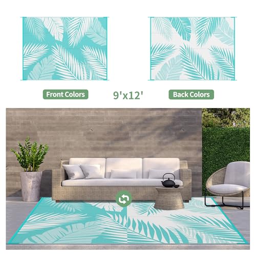 GENIMO Outdoor Rug 9' x 12' Waterproof for Patios Clearance, Reversible Outdoor Plastic Straw Camping Rug Carpet, Large Area Rugs Mats for RV, Camper, Deck, Balcony, Porch, Beach, Aqua Blue&White