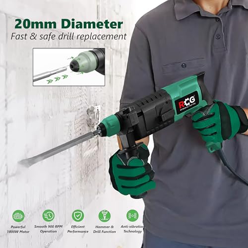 Image of RCG Heavy Duty Rotary Hammer Drill Machine 1800W | 20mm SDS Plus Chuck | 900 RPM | 3 Mode Rotary Hammer & Chisel Functions | Concrete, Brick, Stone & Masonry Drill with Auxiliary Handle(RCG-RH-2.20)