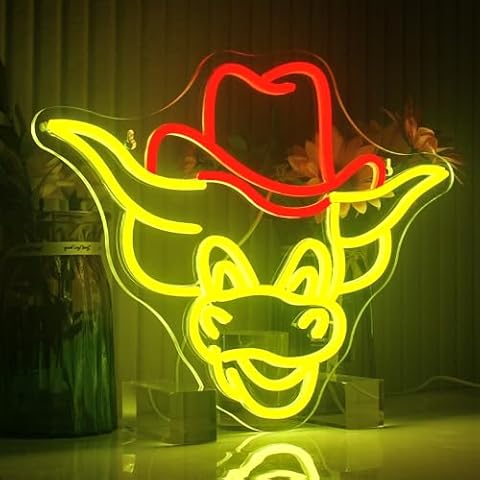 ineonlife Texas Longhorns Neon Signs for Wall Decor 5V/2A Adapter Dimmable Cowboy Cowgirl Bull Cow Hat Neon Light Sign USB Powered Bar Howdy Farm House Game Room Man Cave Bedroom Gift(12.6 * 15.7 inch) Cover