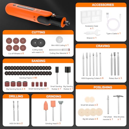 Image of Cordless Rotary Tool: 8V Rotary Tool Kit 103pcs Accessories - Electric Mini Power Rotary Tool for Polishing, Grinding, Cutting, Engraving, 5-Speed, Max 25000RPM, USB-C Charging