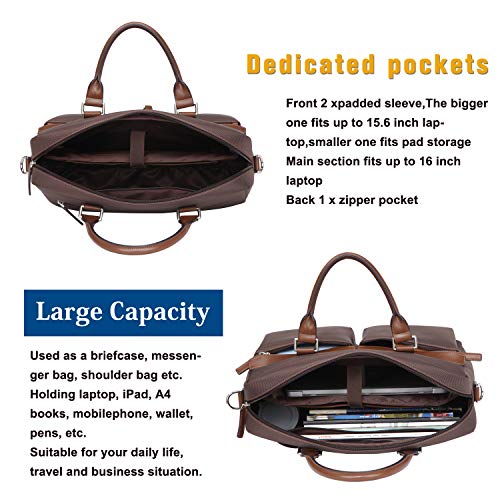 Banuce Waterproof Nylon Faux Leather Briefcase for Men Large Capacity Attache Case Tote Messenger Bags Business Tablet Shoulder Brown