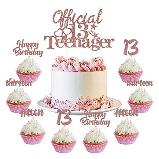 25-pack officiella tonåring 13-årsdag tårtdekorationer, officiella tårtdekorationer för 13 tonåring, grattis på födelsedagen 13 tonåring tretton muffinsdekorationer roséguld för trettonde födelsedag tillbehör