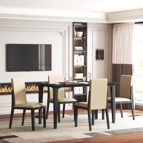 Image of Brianna Solid Wood 4 Seater Dining Room Set for Home, Living Room - Elegant Dining Table and Four Luxuriously Cushioned Chairs - Contemporary Design in Classic Black Finish