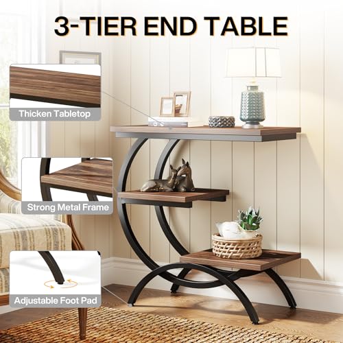 LITTLE TREE C-Shaped End Table with 3 Storage Shelves - Rustic Brown Wood and Black Metal Frame
