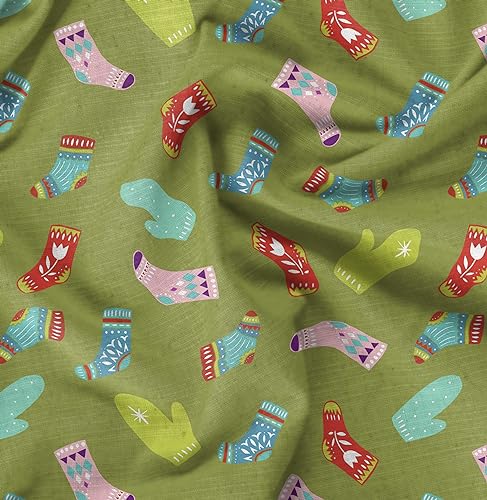 Image of Soimoi Green Polyester Crepe Fabric Socks & Gloves Folk Art Printed Craft Fabric by the Meter 42 Inch Wide