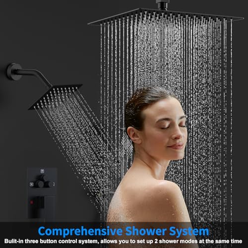 Image of Shower Faucet Set, 12 inch Ceiling Mount Rainfall Shower System with 12'' Top Head+6'' Side Head and Multi-function Handheld Head Push Button Diverter Shower Faucet Trim Kit (12 inch, Matte Black)