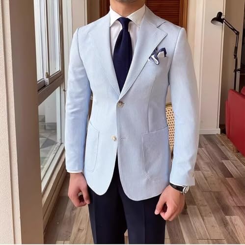 Mens Striped Seersucker Suit 2 Piece Slim Fit Casual Suit for Wedding Lightweight Tuxedo2