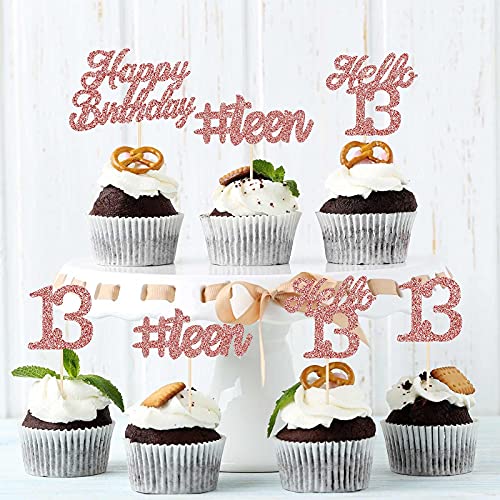 Image of Festiko49 Pieces Glitter 13th Birthday Cupcake Toppers Official Teenager Cake Topper Hello 13 Birthday Cake Decorations for 13th Anniversary Birthday Party Wedding Decorations