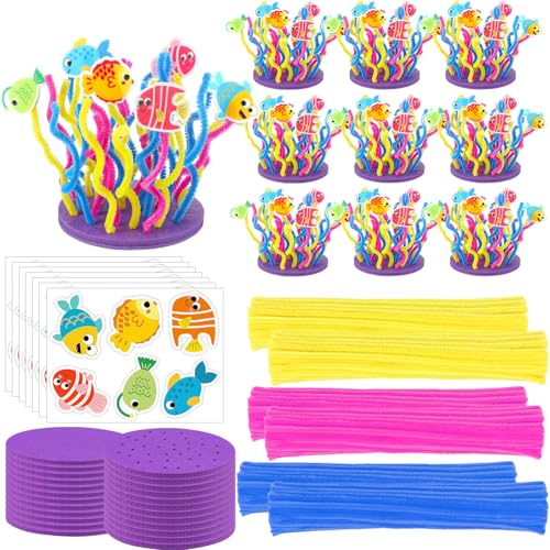 Soulchen 24 Pcs Under the Sea Coral Reef Craft Kit Summer DIY Twistable Pipe Cleaner Set with 144 Fish Chenille Stems Art Supplies for Creative DIY Ocean Themed Kids Activity Parties Vbs (ages 5-12)
