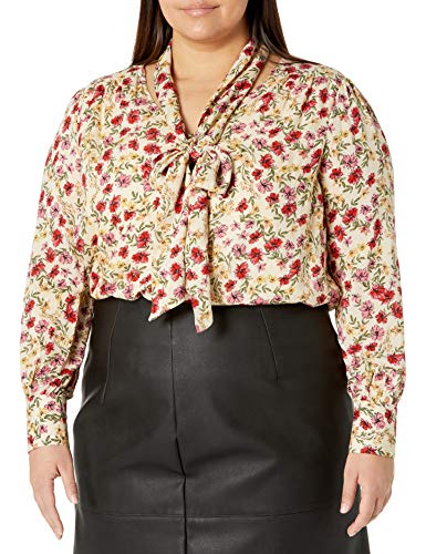 Jessica Simpson Women's Plus Size Dazed Neck Tie Long Sleeve Twilly Blouse, Gardenia Canvas Posies, 3X