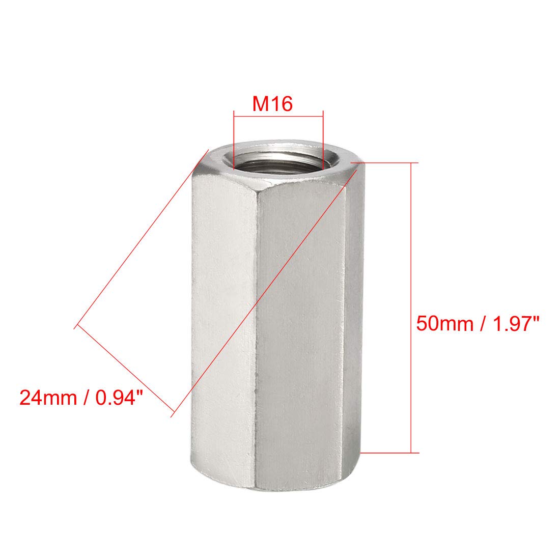 uxcell M16 X 2-Pitch 50mm Length 304 Stainless Steel Metric