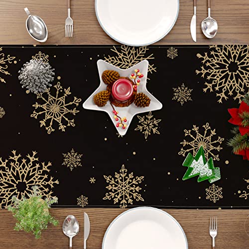 Siilues Snowflake Black and Gold Winter Table Runner #TOP24