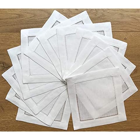 White Linen Cocktail Napkin 6"x6"-A Dozen Cloth Napkin Coasters-Ladder Hemstitch 100% Linen Beverage Party Napkin Coasters Cover