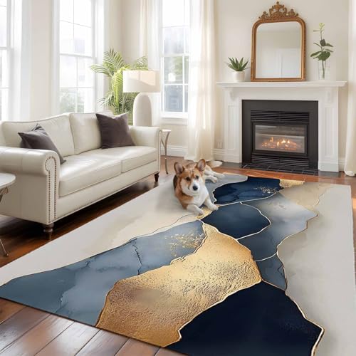 Living Room Rug 5x7, Blue Marble, Washable Non-Slip Carpet